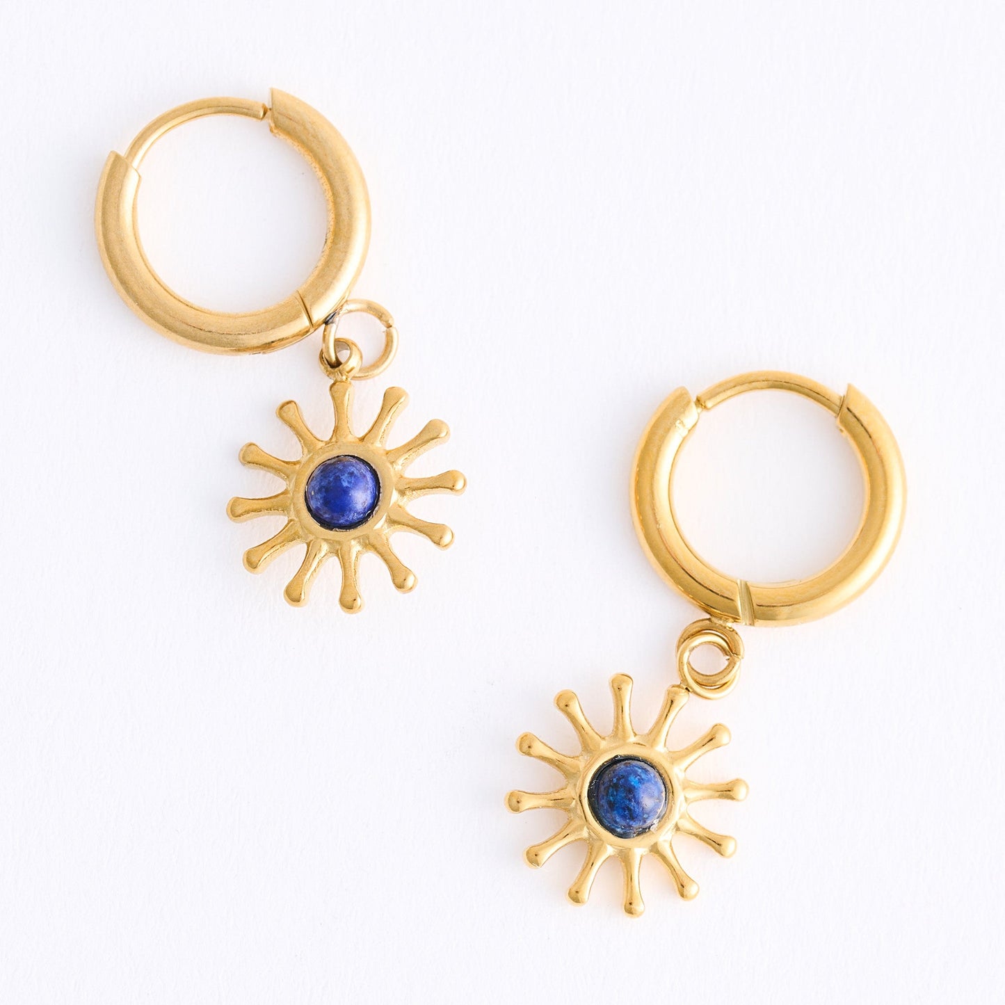 Narelle Waterproof Genuine Lapis Lazuli Sun Charm Hoop Drop Earrings