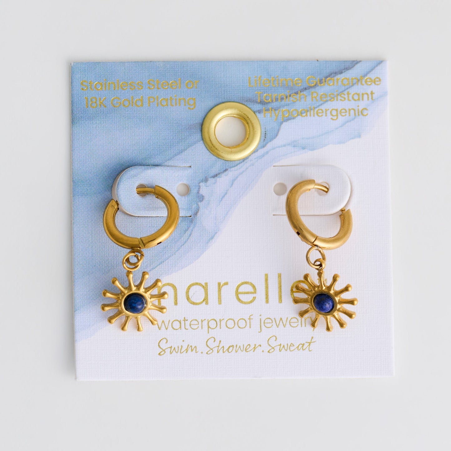 Narelle Waterproof Genuine Lapis Lazuli Sun Charm Hoop Drop Earrings
