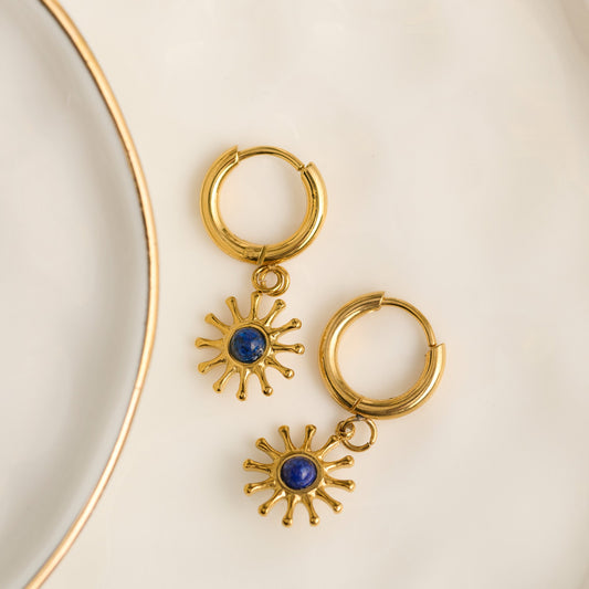 Narelle Waterproof Genuine Lapis Lazuli Sun Charm Hoop Drop Earrings