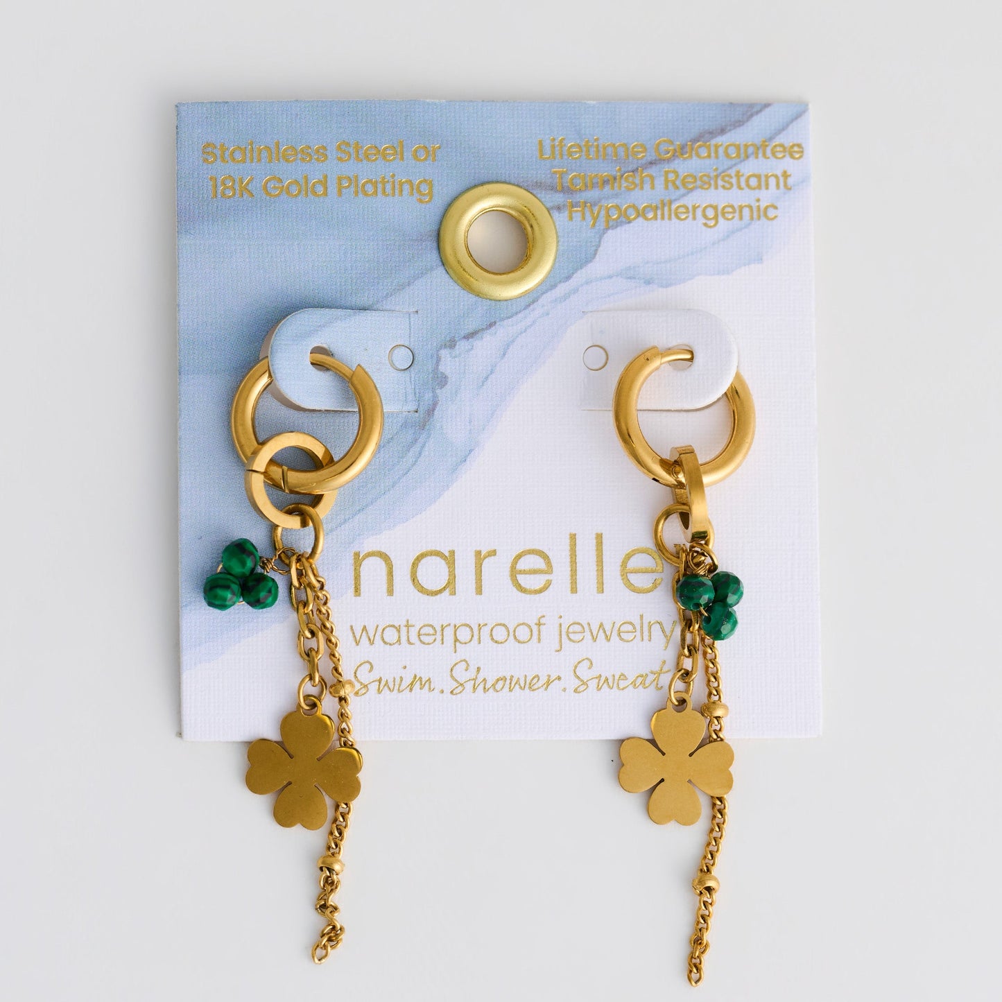 Narelle Waterproof Genuine Malachite Clover Charm Earrings