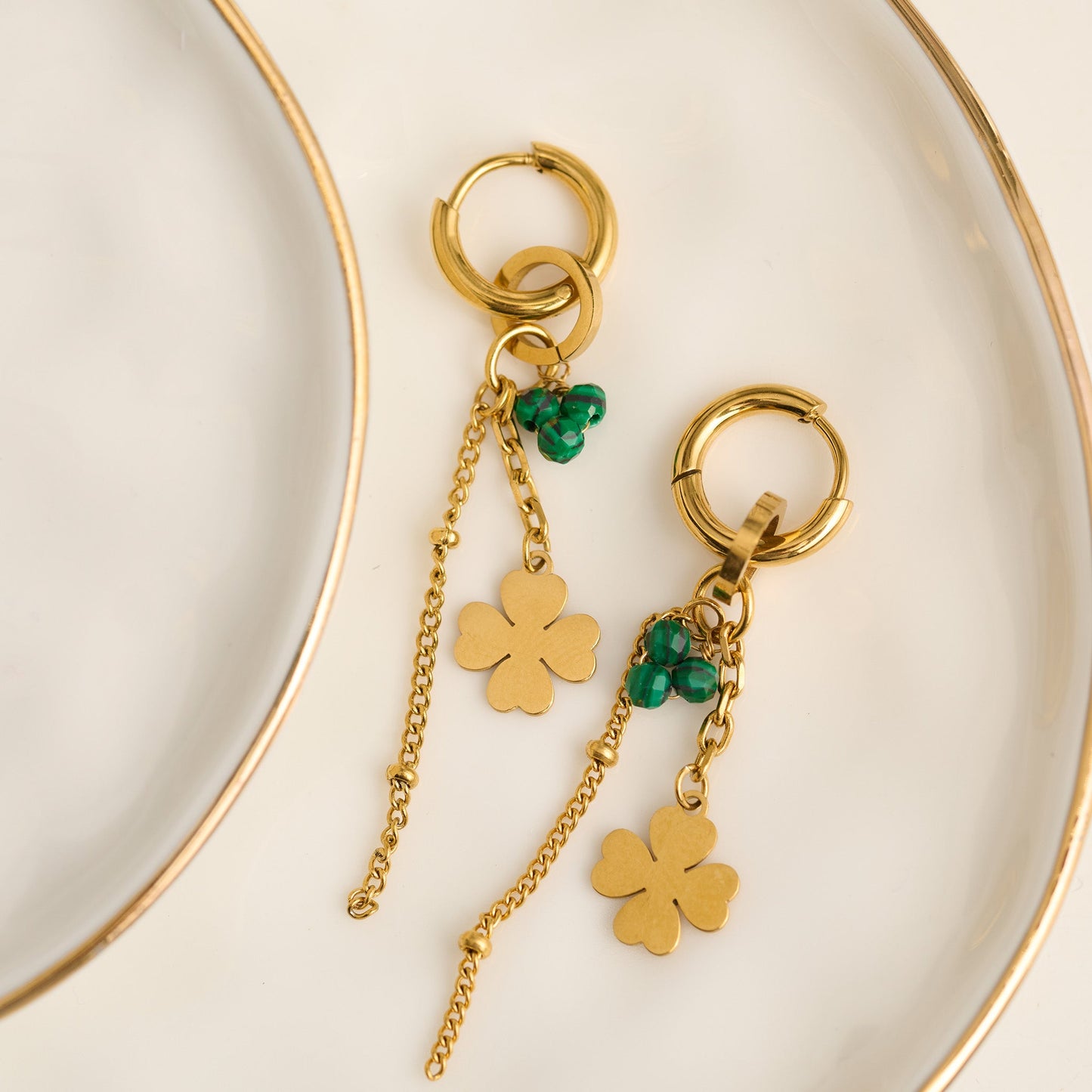 Narelle Waterproof Genuine Malachite Clover Charm Earrings