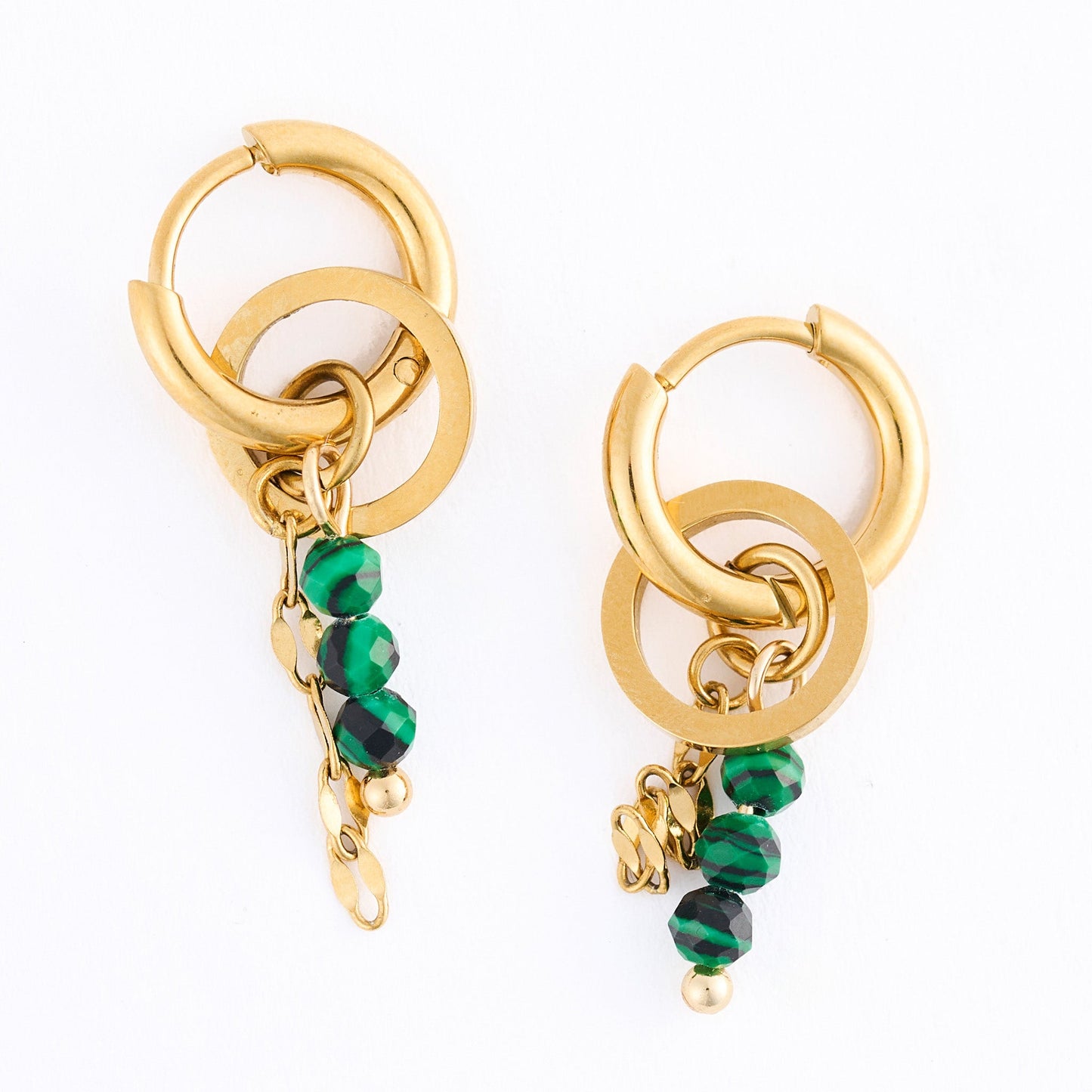Narelle Waterproof Genuine Malachite Double Linked Stone Earrings