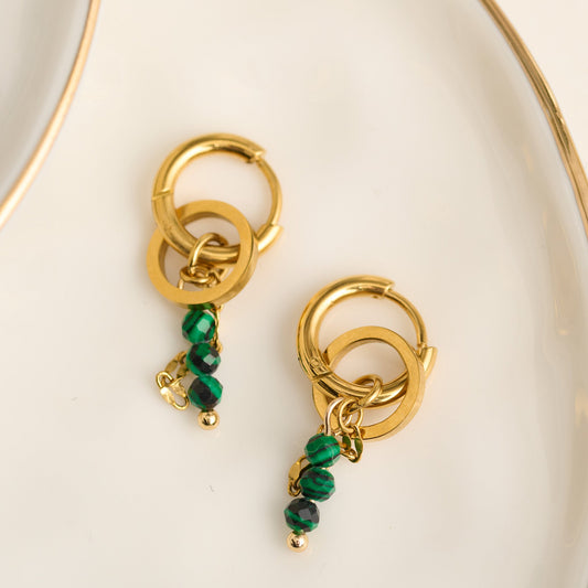 Narelle Waterproof Genuine Malachite Double Linked Stone Earrings