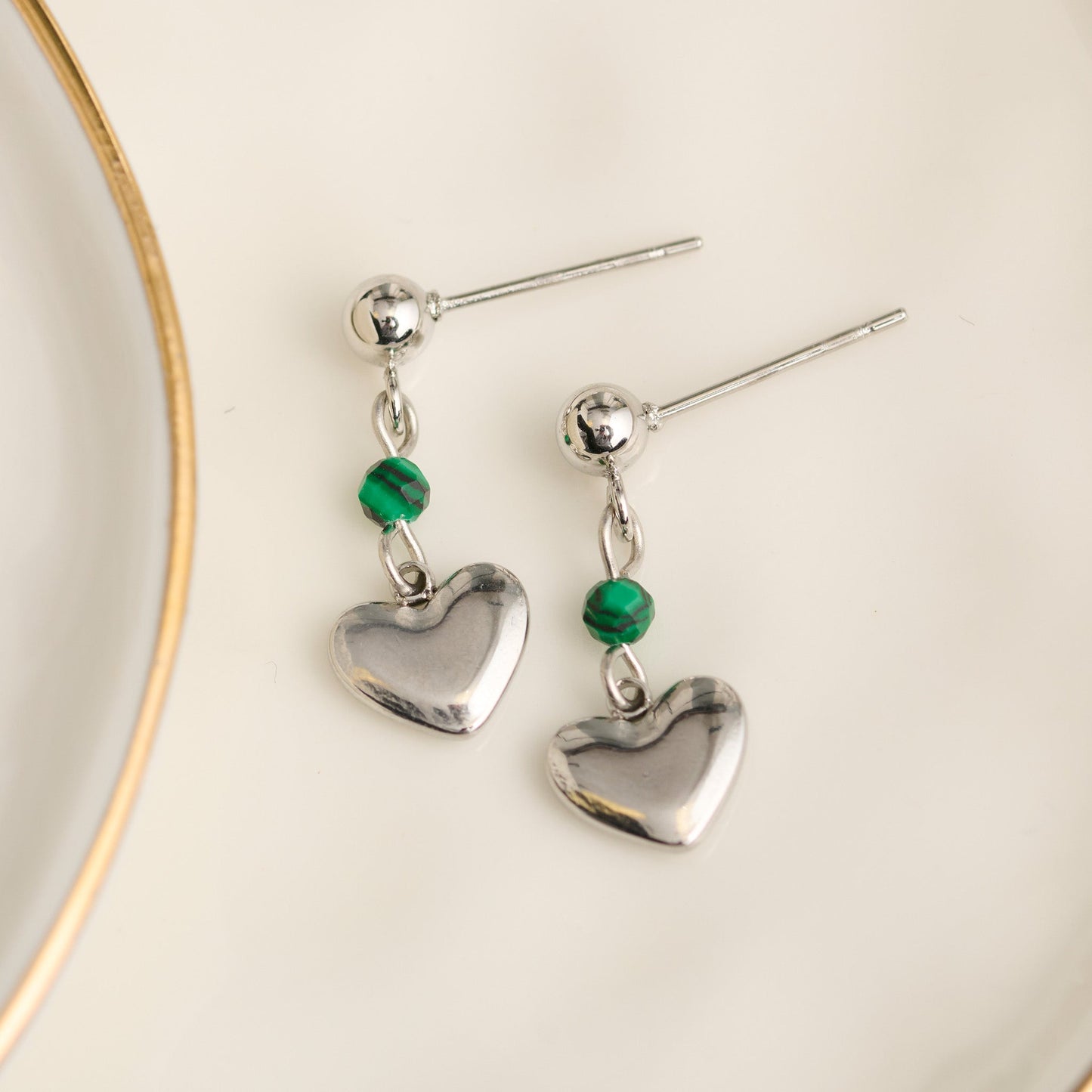 Narelle Waterproof Genuine Malachite Dangle Heart Earrings