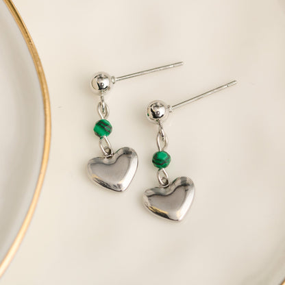 Narelle Waterproof Genuine Malachite Dangle Heart Earrings
