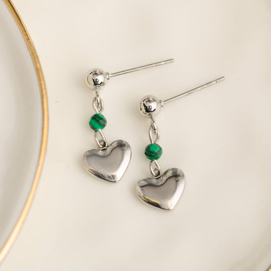 Narelle Waterproof Genuine Malachite Dangle Heart Earrings
