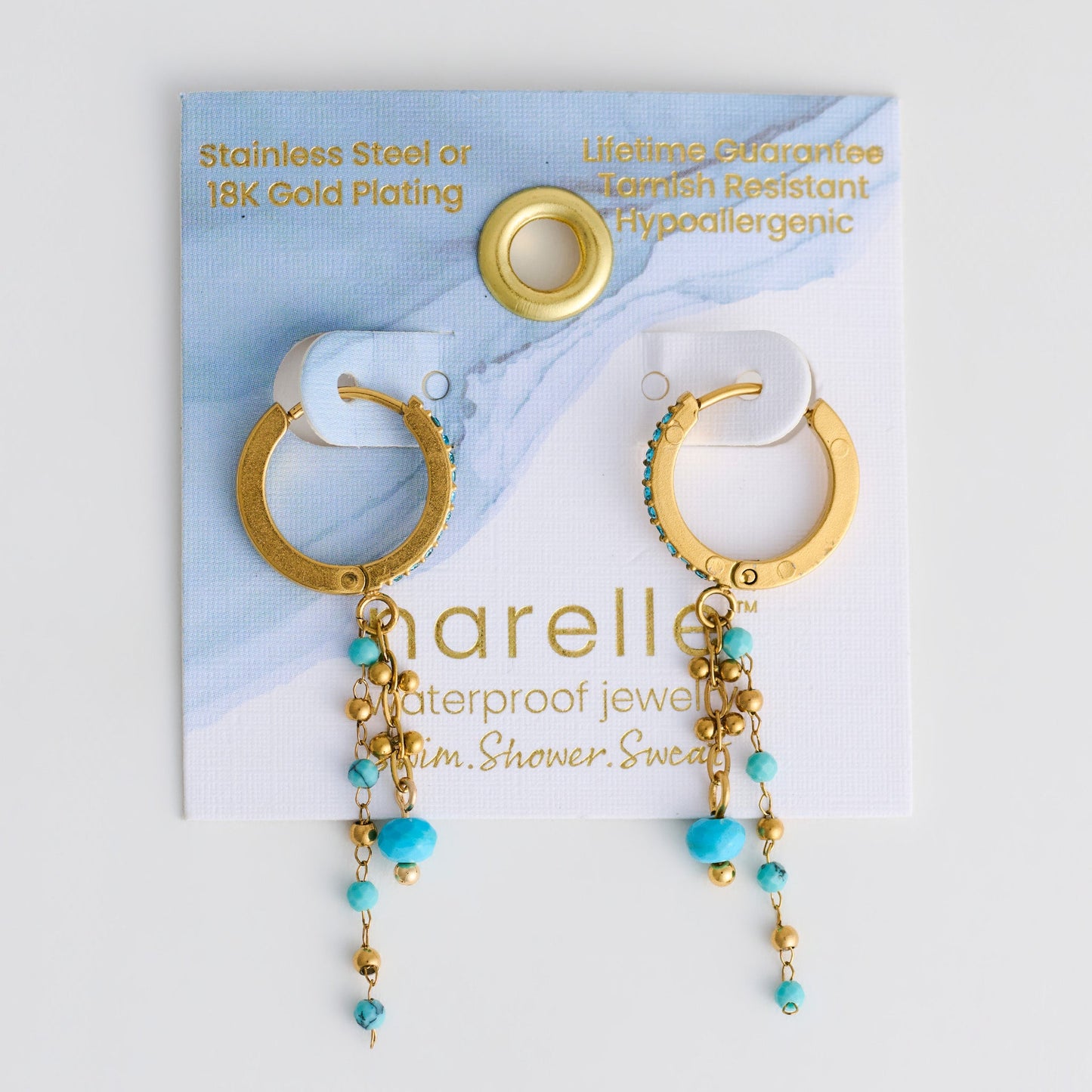 Narelle Waterproof Genuine Turquoise Pave Hoop with Dangle Chain Earrings