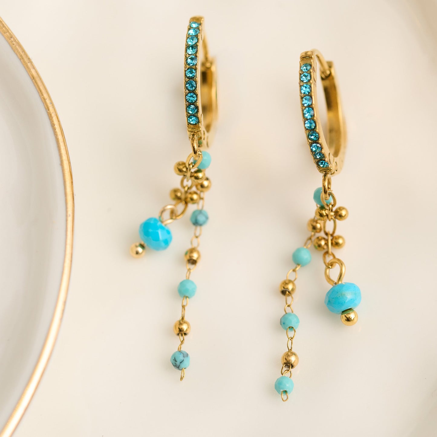 Narelle Waterproof Genuine Turquoise Pave Hoop with Dangle Chain Earrings