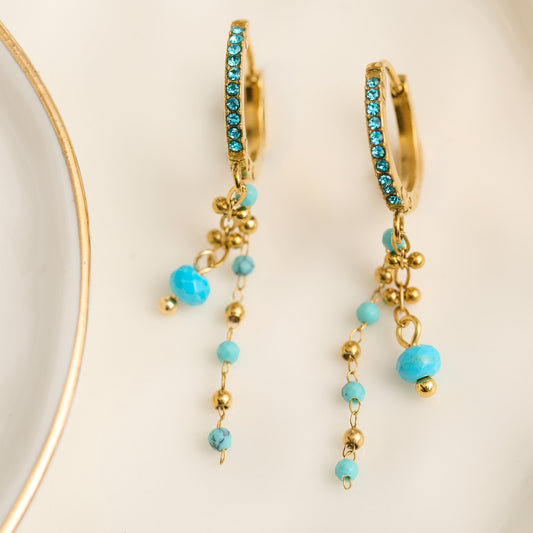 Narelle Waterproof Genuine Turquoise Pave Hoop with Dangle Chain Earrings