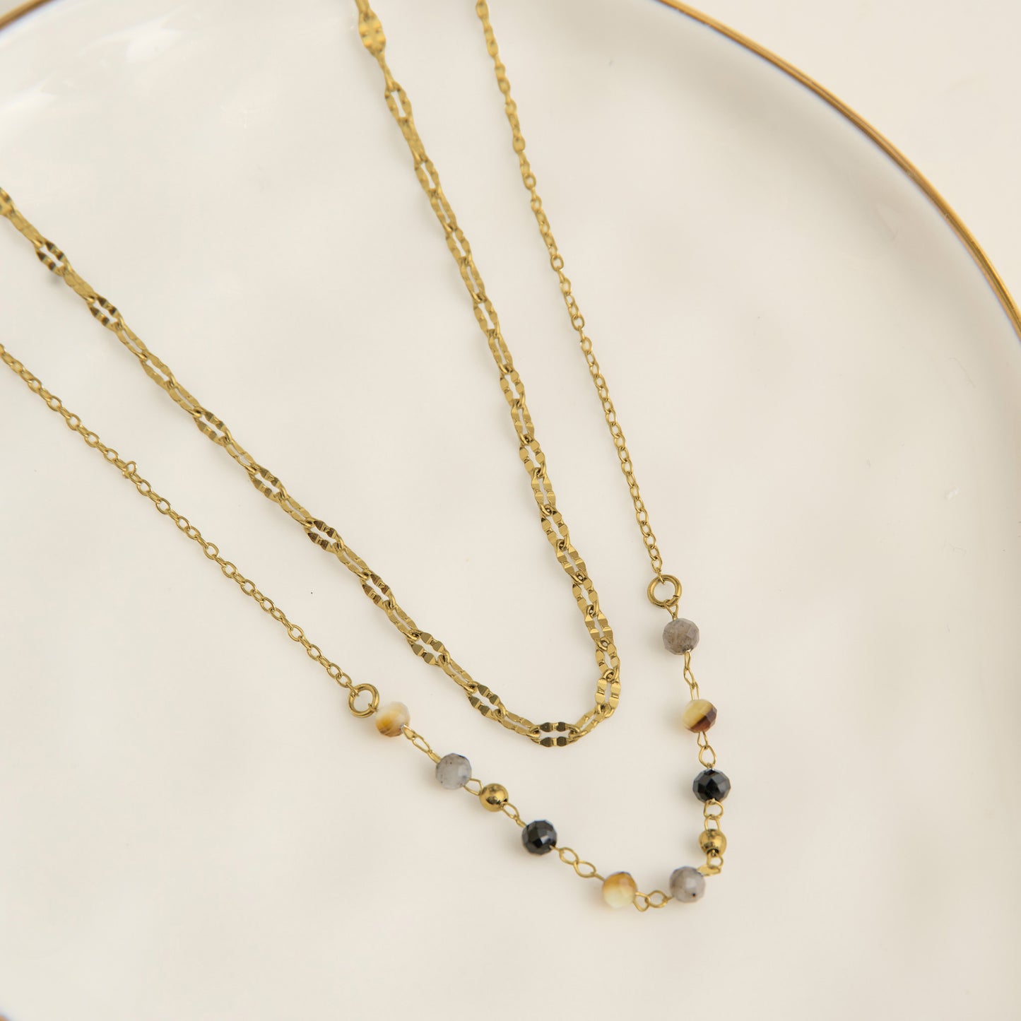 Narelle Waterproof Genuine Apatite & Tiger's Eye Double Row Beaded Dainty Necklace