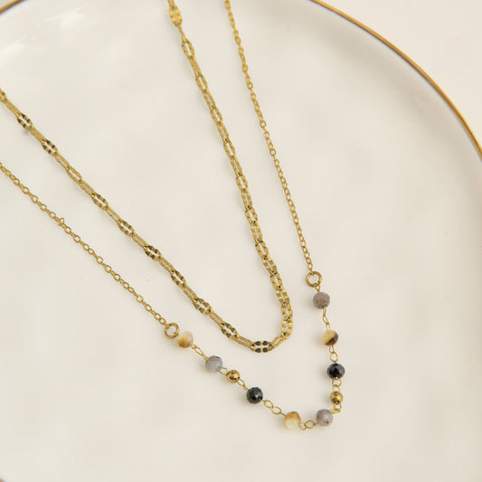 Narelle Waterproof Genuine Apatite & Tiger's Eye Double Row Beaded Dainty Necklace