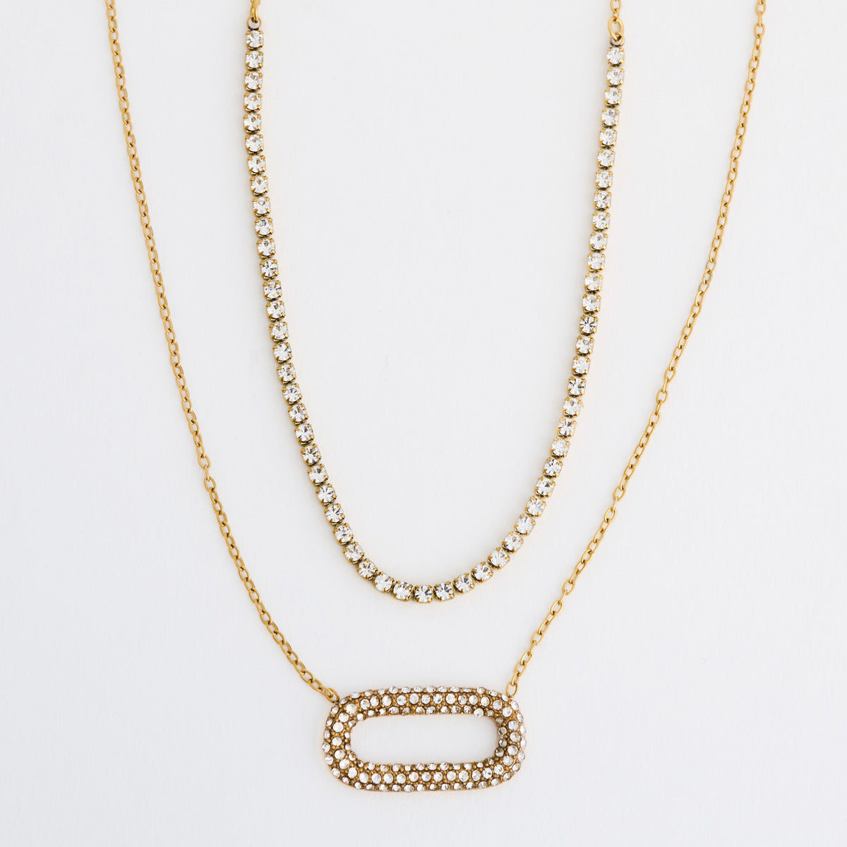 Narelle Waterproof Layered Double Row Pave Oval Pendant Necklace