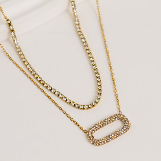 Narelle Waterproof Layered Double Row Pave Oval Pendant Necklace