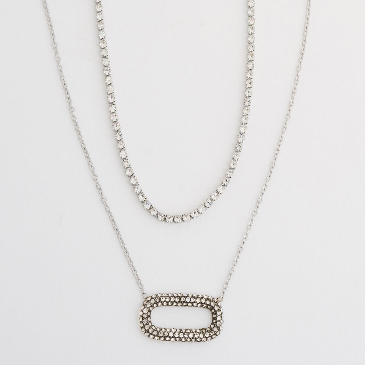 Narelle Waterproof Layered Double Row Pave Oval Pendant Necklace