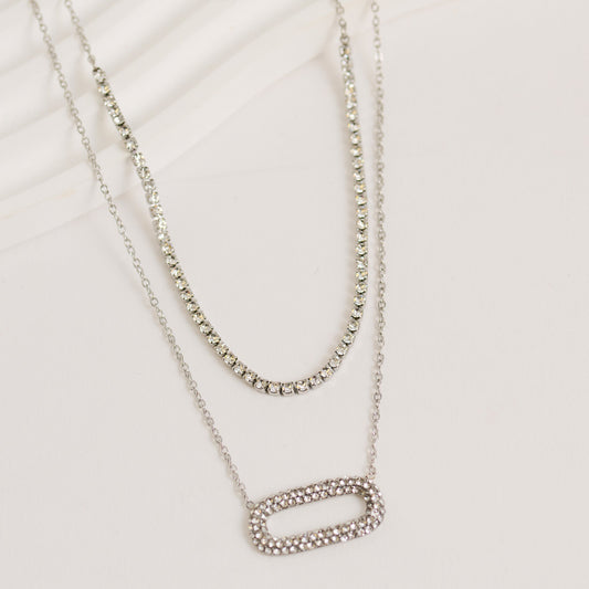 Narelle Waterproof Layered Double Row Pave Oval Pendant Necklace