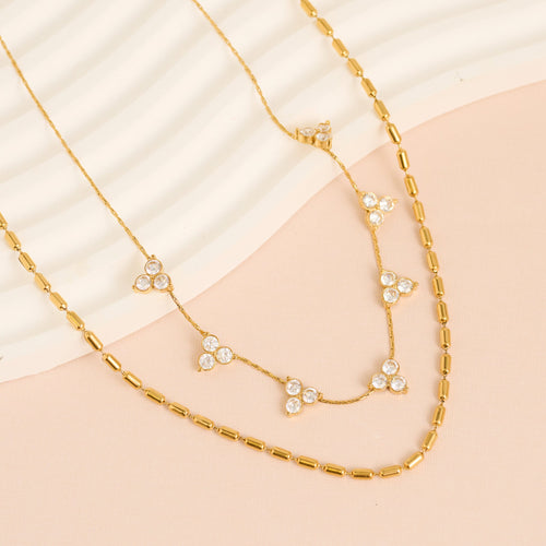 Narelle Waterproof Layered Double Row Trefoil Genuine Cubic Zirconia Necklace