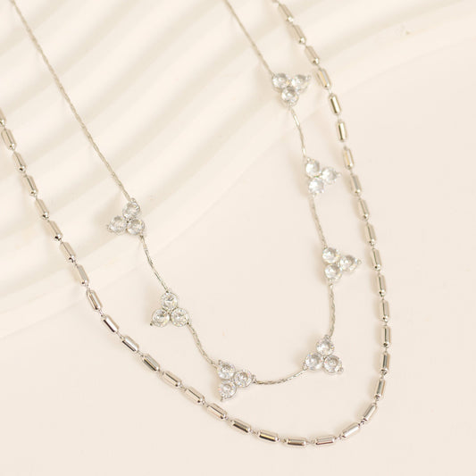 Narelle Waterproof Layered Double Row Trefoil Genuine Cubic Zirconia Necklace
