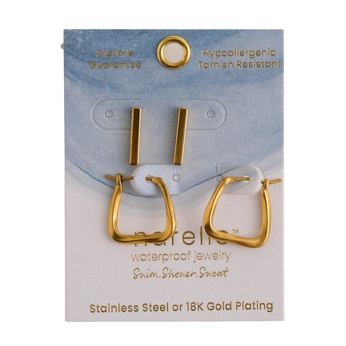 Narelle Waterproof Rounded Square Hoop and Bar Stud Earring Set