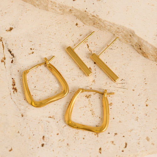 Narelle Waterproof Rounded Square Hoop and Bar Stud Earring Set
