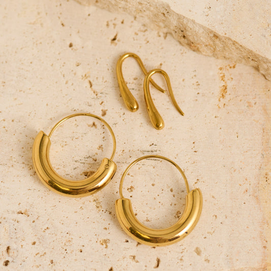 Narelle Waterproof Crescent Tube Hoop and Teardrop Drop Earring Set