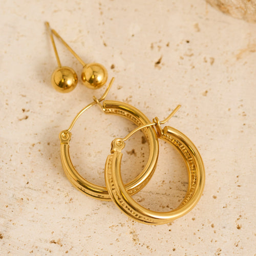 Narelle Waterproof Multi Band Huggie Hoop and Ball Stud Earring Set