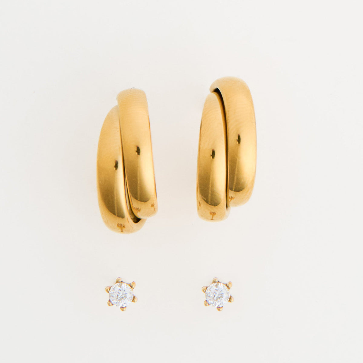 Narelle Waterproof Double Band Split Hoop and Genuine Cubic Zirconia Stud Earring Set
