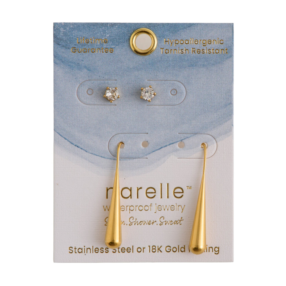 Narelle Waterproof Elongated Teardrop and Genuine Cubic Zirconia Stud Earring Set