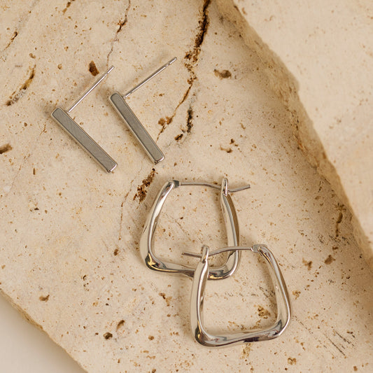 Narelle Waterproof Rounded Square Hoop and Bar Stud Earring Set