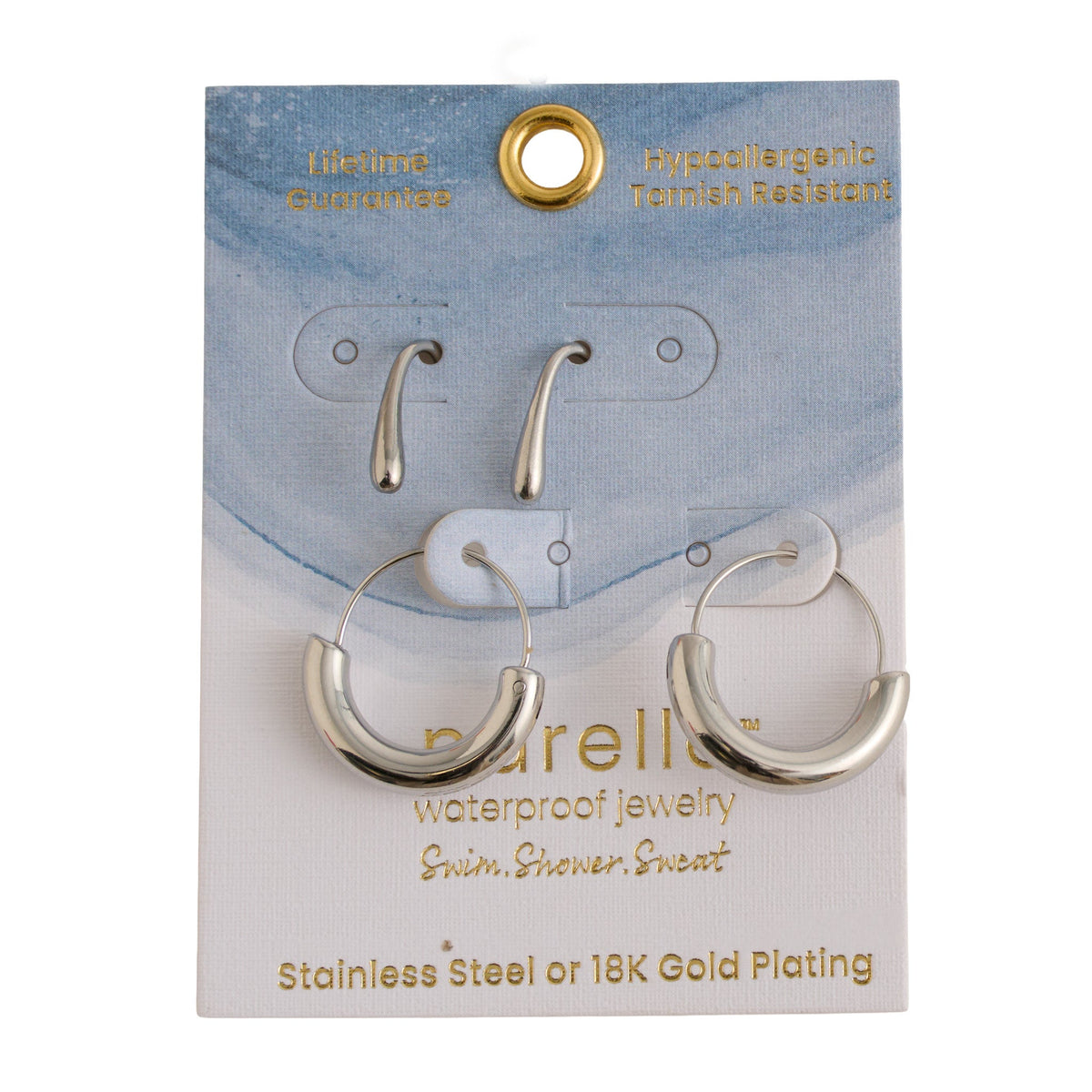 Narelle Waterproof Crescent Tube Hoop and Teardrop Drop Earring Set