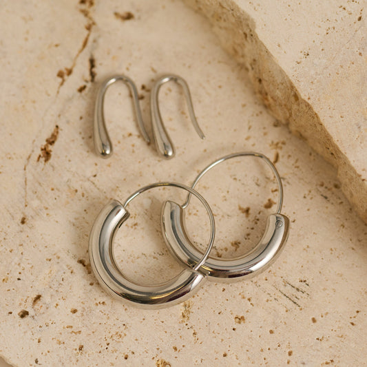 Narelle Waterproof Crescent Tube Hoop and Teardrop Drop Earring Set