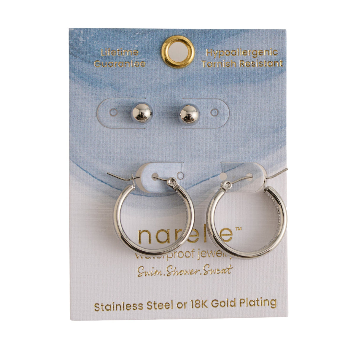 Narelle Waterproof Multi Band Huggie Hoop and Ball Stud Earring Set