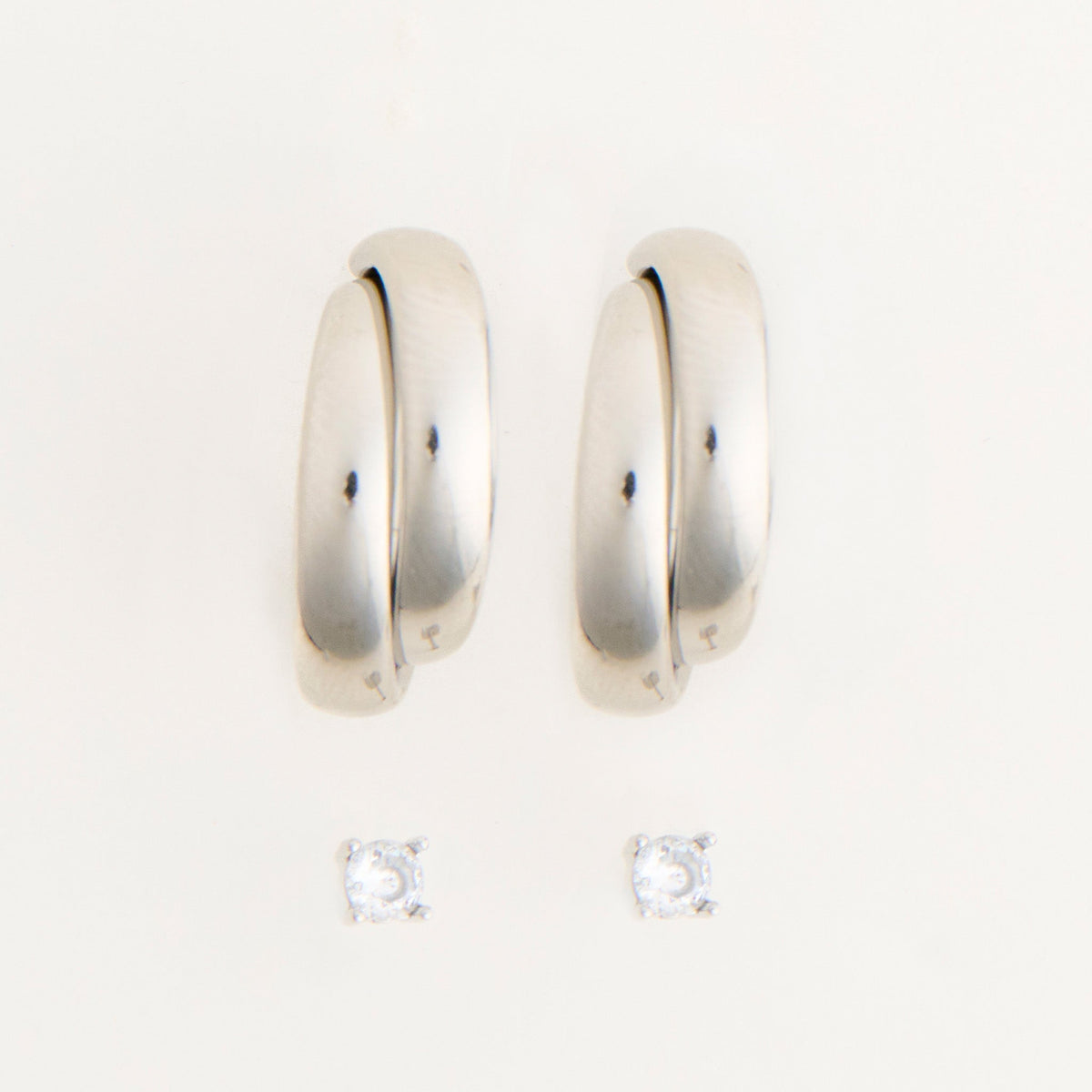 Narelle Waterproof Double Band Split Hoop and Genuine Cubic Zirconia Stud Earring Set