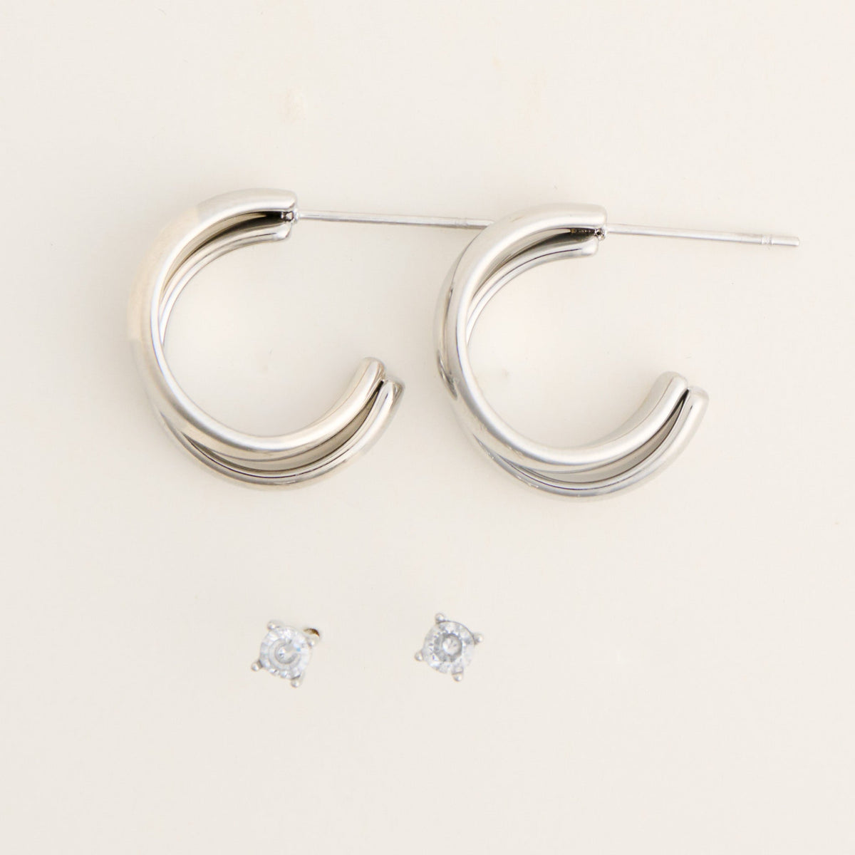 Narelle Waterproof Double Band Split Hoop and Genuine Cubic Zirconia Stud Earring Set