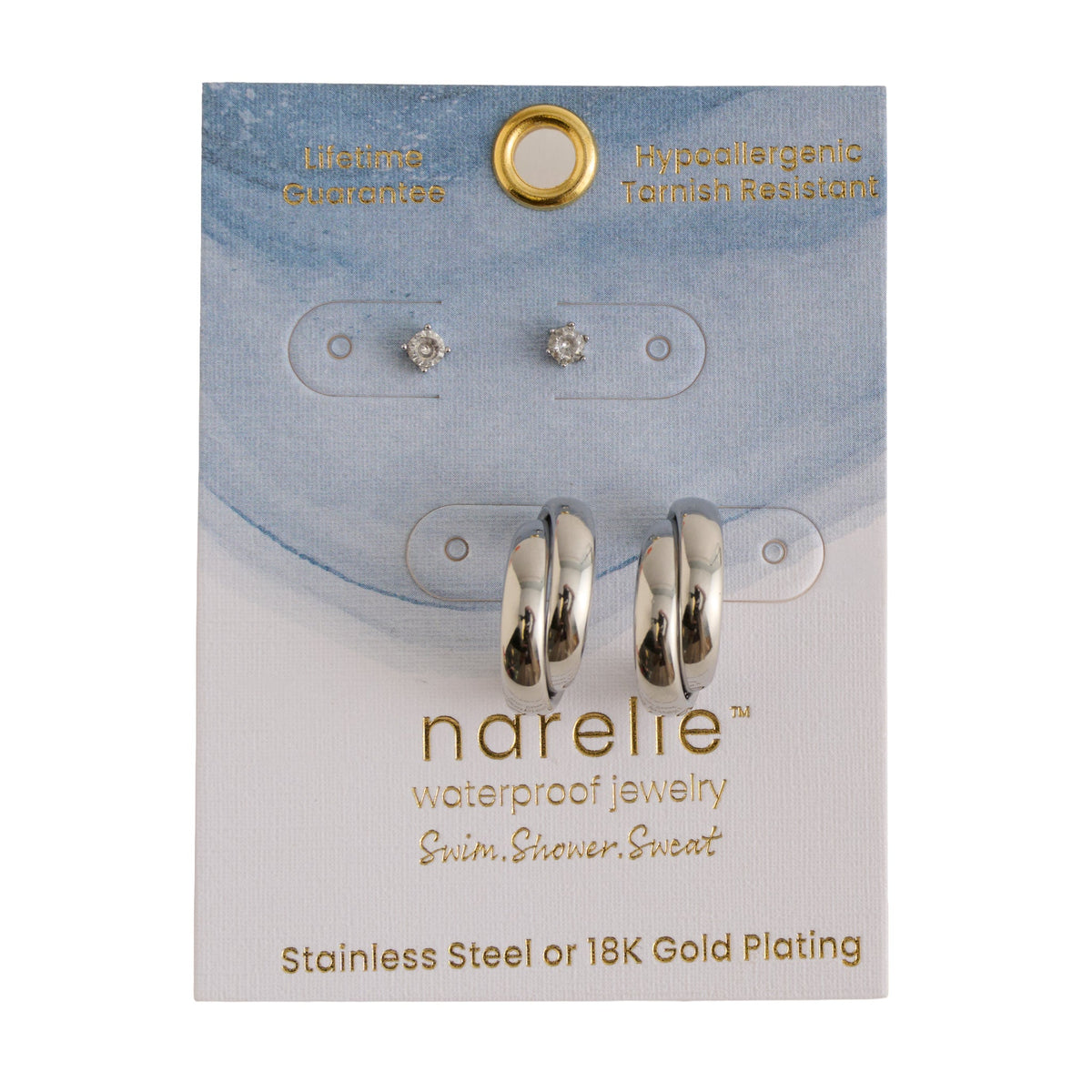 Narelle Waterproof Double Band Split Hoop and Genuine Cubic Zirconia Stud Earring Set