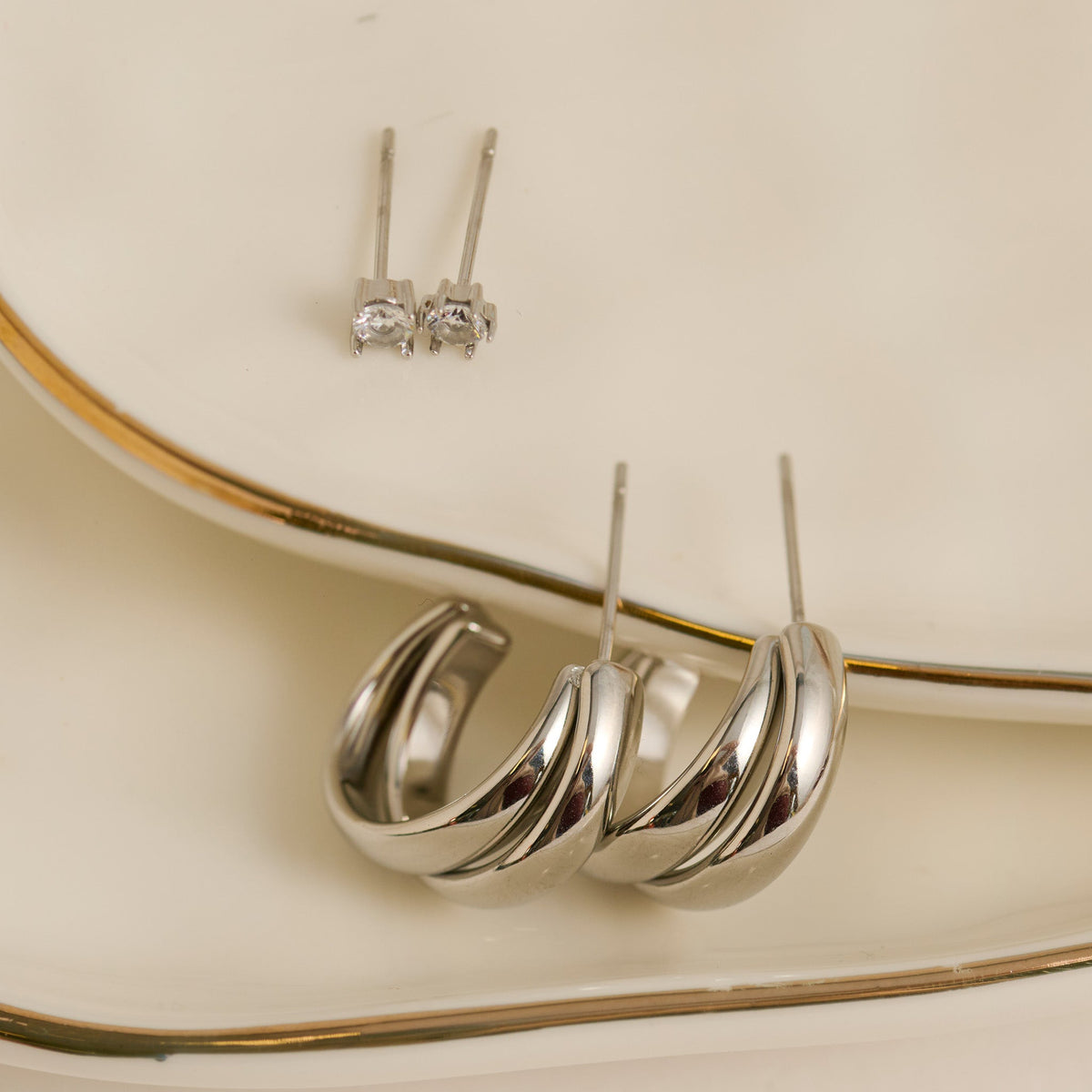 Narelle Waterproof Double Band Split Hoop and Genuine Cubic Zirconia Stud Earring Set