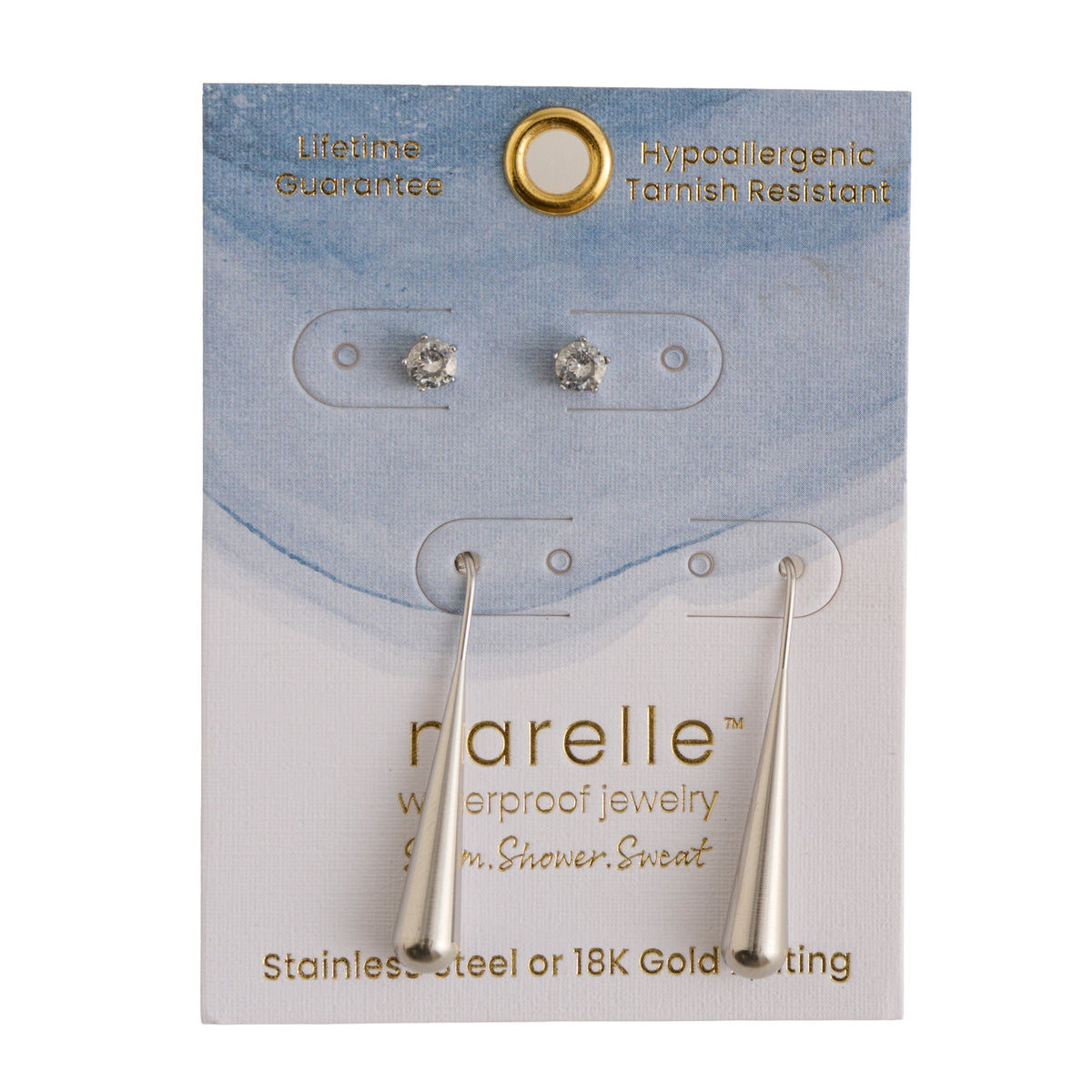 Narelle Waterproof Elongated Teardrop and Genuine Cubic Zirconia Stud Earring Set