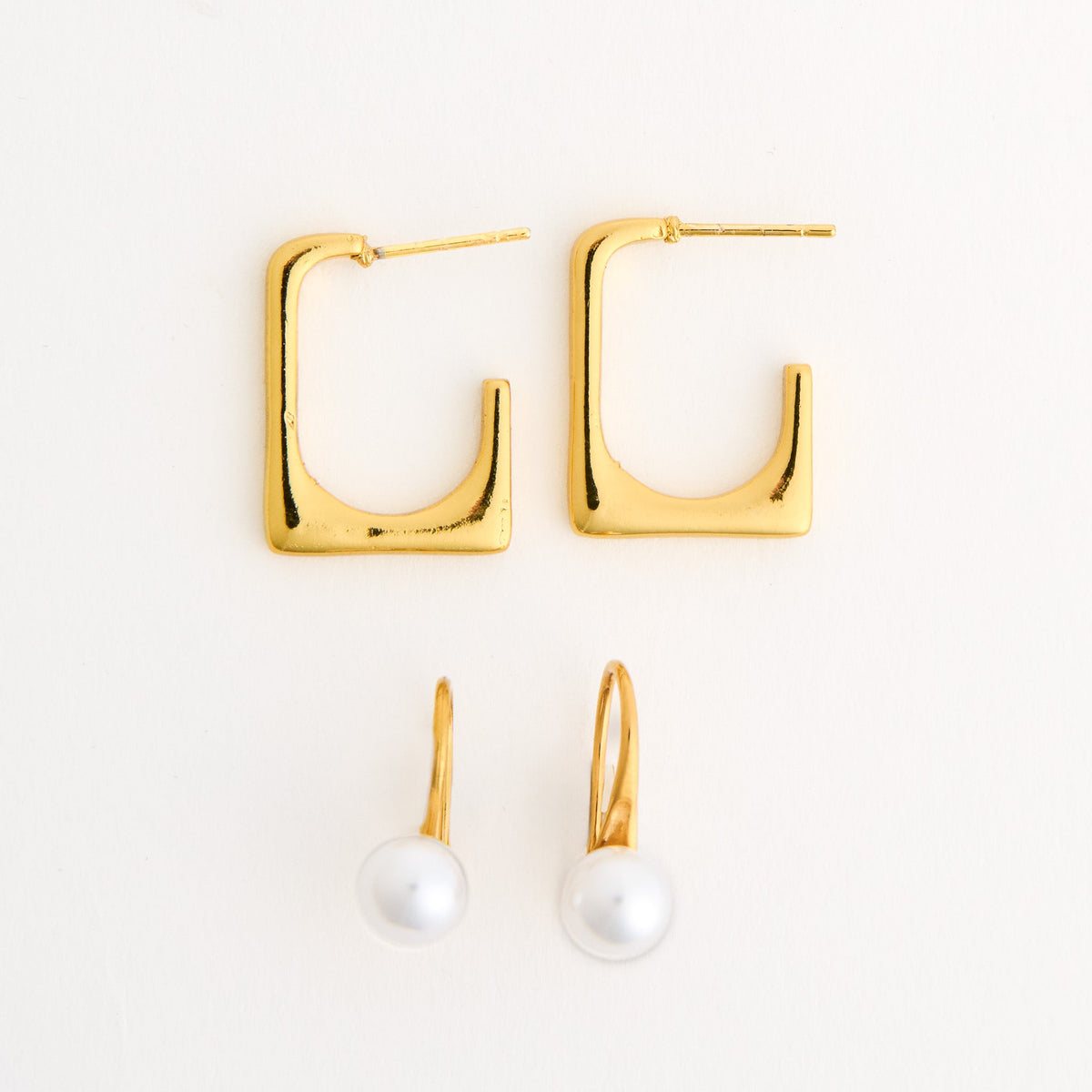 Narelle Waterproof Rectangle Open C-Hoop and Pearl Drop Earring Set