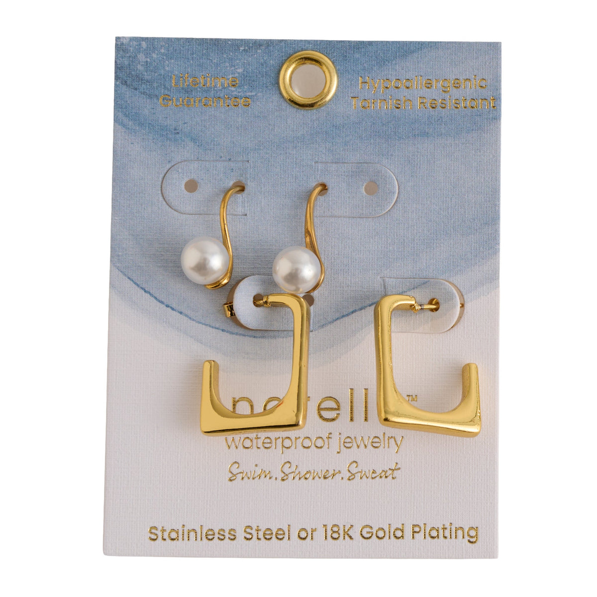 Narelle Waterproof Rectangle Open C-Hoop and Pearl Drop Earring Set