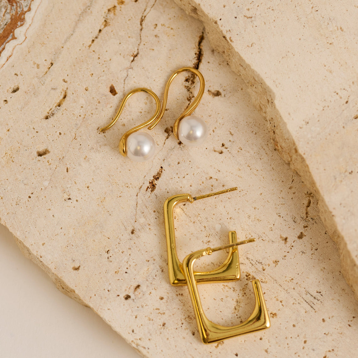 Narelle Waterproof Rectangle Open C-Hoop and Pearl Drop Earring Set