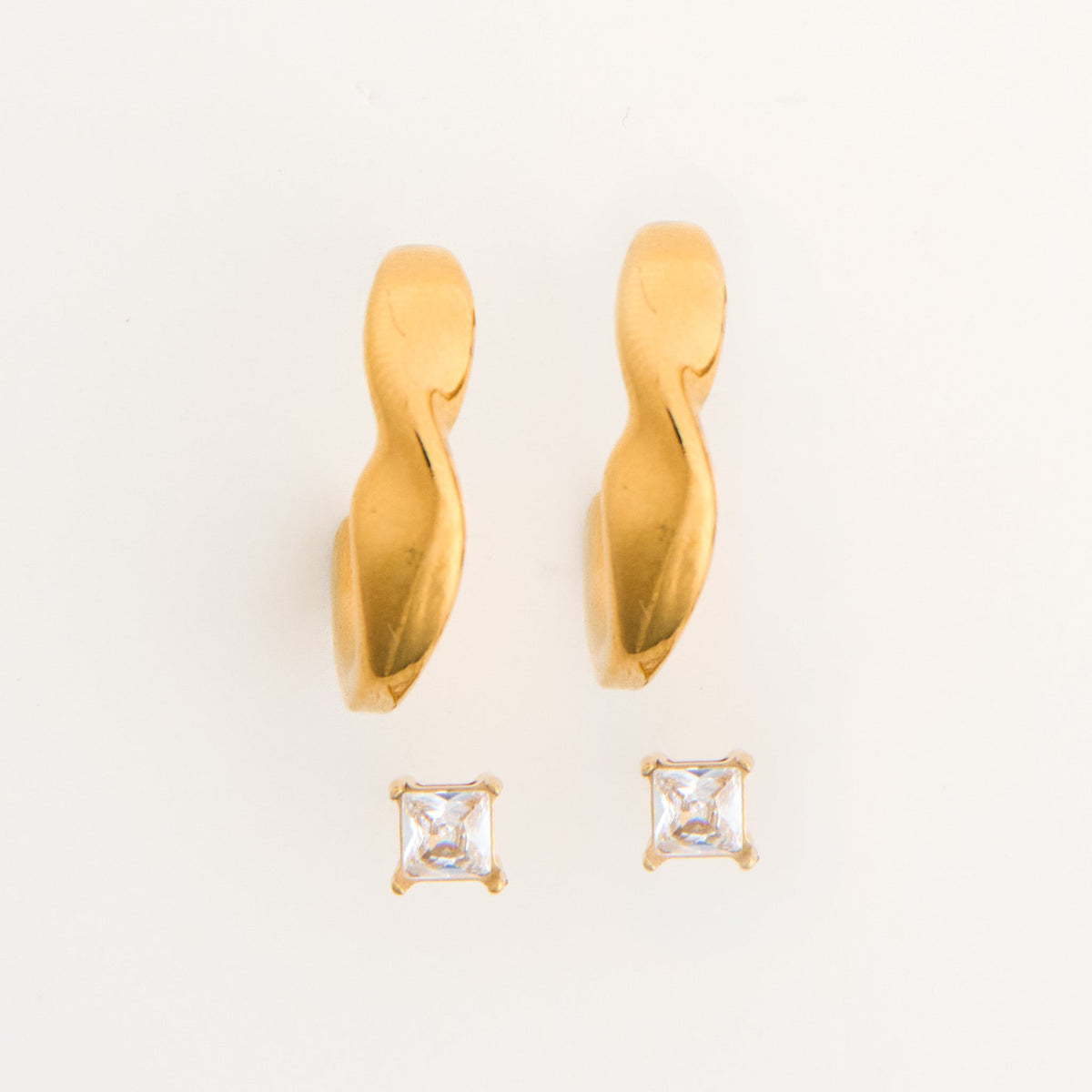 Narelle Waterproof Twisted Open C-Hoop and Genuine Cubic Zirconia Stud Earring Set