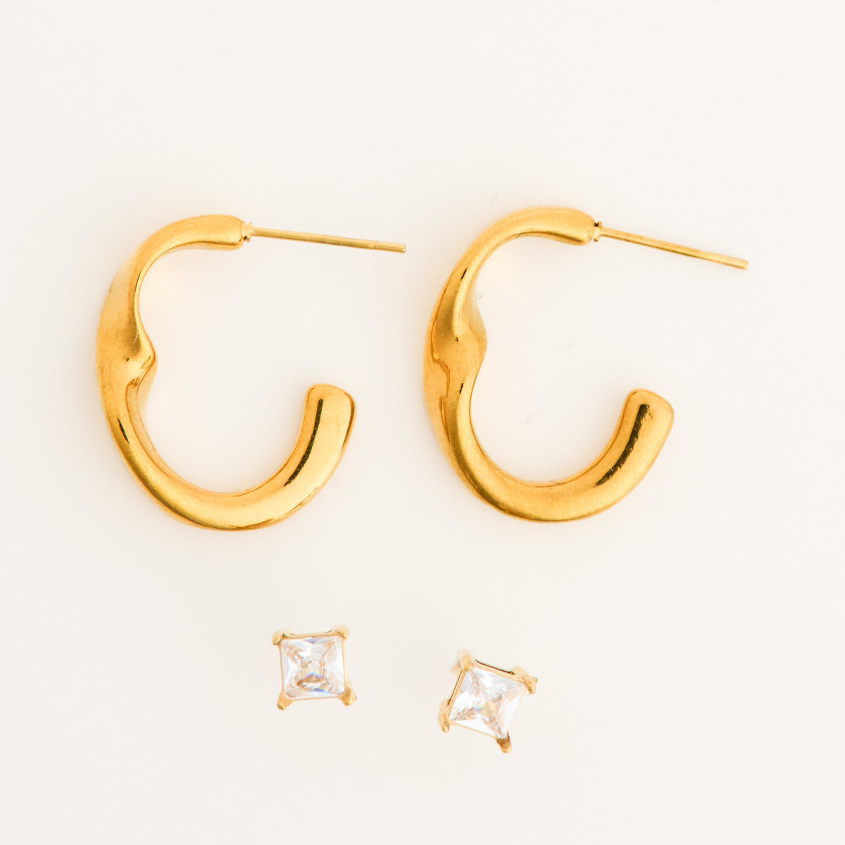 Narelle Waterproof Twisted Open C-Hoop and Genuine Cubic Zirconia Stud Earring Set