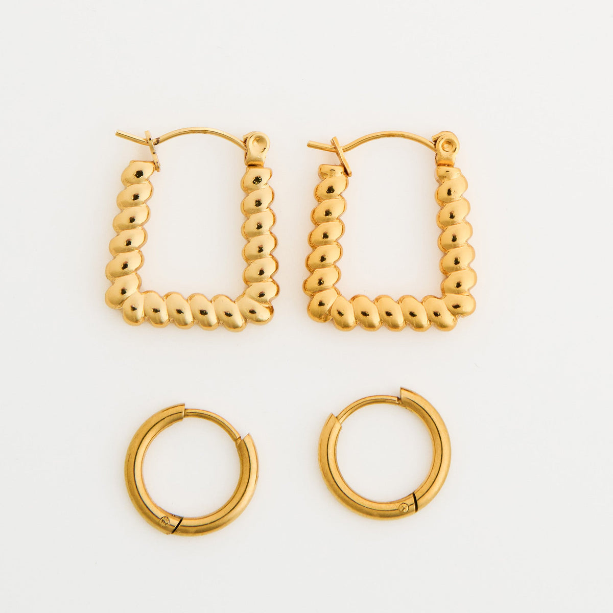 Narelle Waterproof Twisted Square Hoop and Huggie Hoop Earring Set