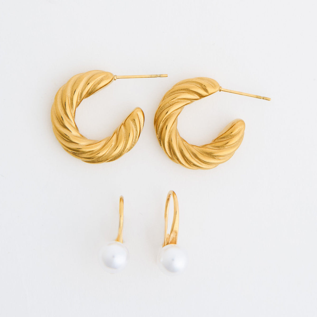 Narelle Waterproof Twisted C-Hoop and Pearl Drop Earring Set