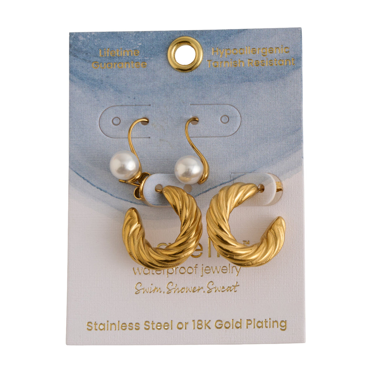 Narelle Waterproof Twisted C-Hoop and Pearl Drop Earring Set