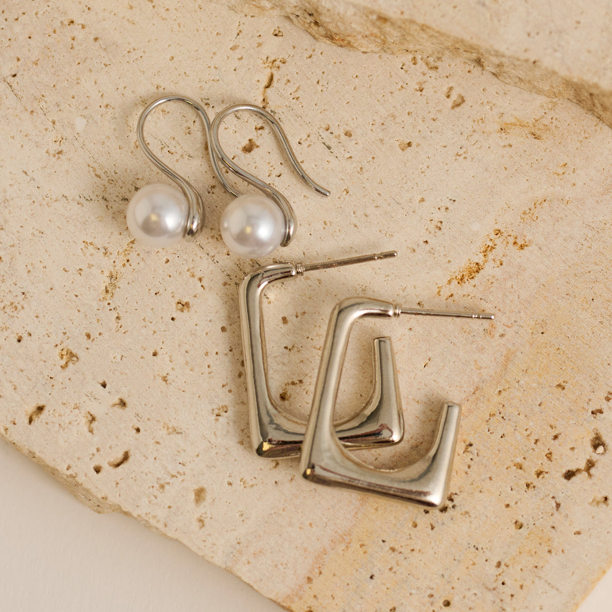 Narelle Waterproof Rectangle Open C-Hoop and Pearl Drop Earring Set