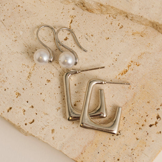 Narelle Waterproof Rectangle Open C-Hoop and Pearl Drop Earring Set