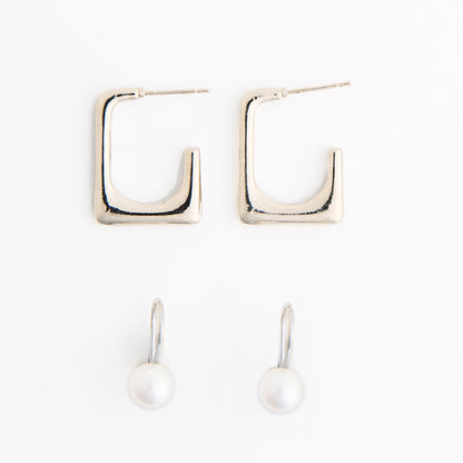 Narelle Waterproof Rectangle Open C-Hoop and Pearl Drop Earring Set