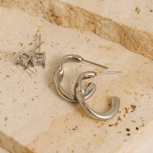 Narelle Waterproof Twisted Open C-Hoop and Genuine Cubic Zirconia Stud Earring Set