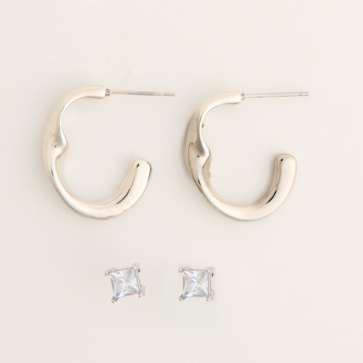Narelle Waterproof Twisted Open C-Hoop and Genuine Cubic Zirconia Stud Earring Set