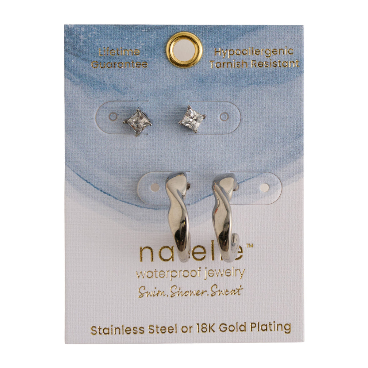 Narelle Waterproof Twisted Open C-Hoop and Genuine Cubic Zirconia Stud Earring Set